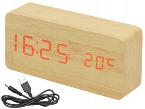 Drewniany Zegar Cyfrowy Budzik LED USB Kalendarz C